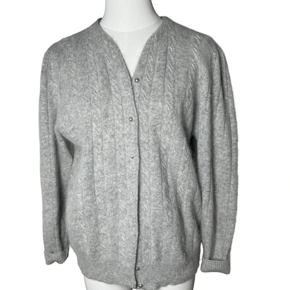 Vintage‎ Angora Lambswool Pearl Beaded Cable Knit Cardigan Gray Hong Kong S